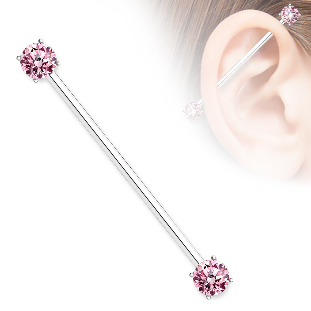 Round CZ Prong Set Industrial Barbell