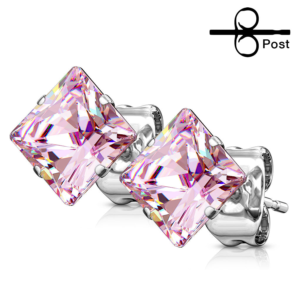 Prong Set Square CZ Surgical Steel Stud Earrings
