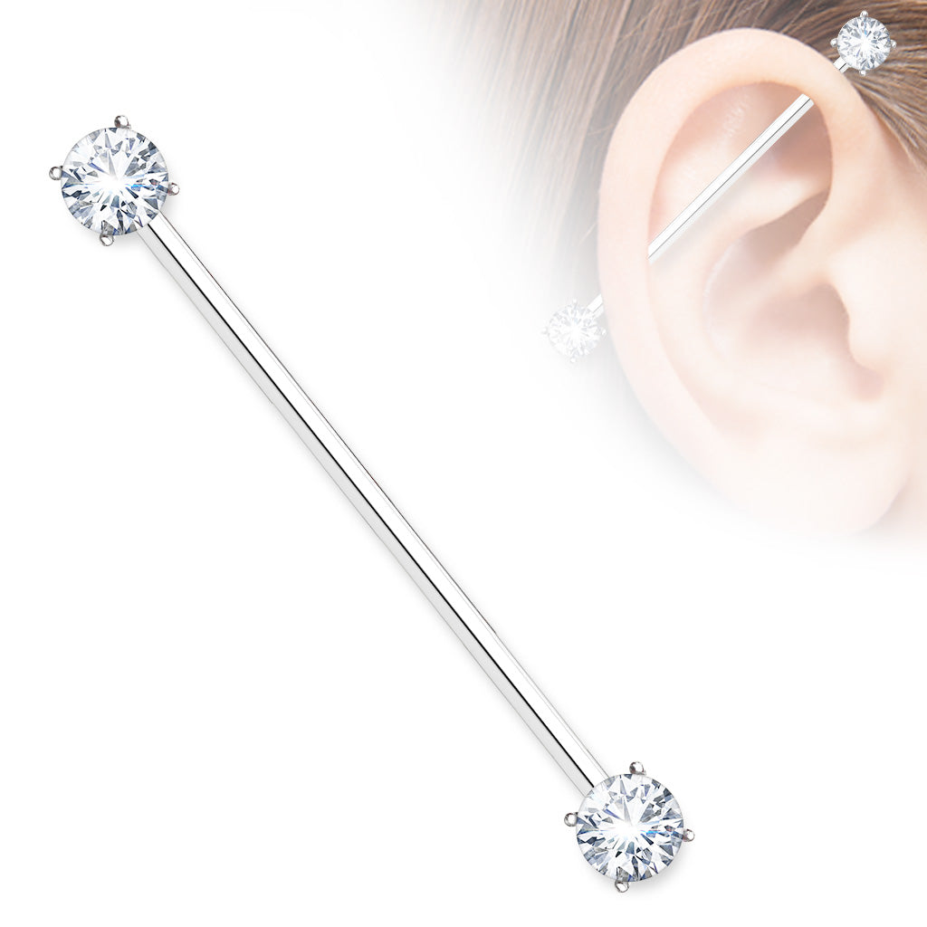 Round CZ Prong Set Industrial Barbell