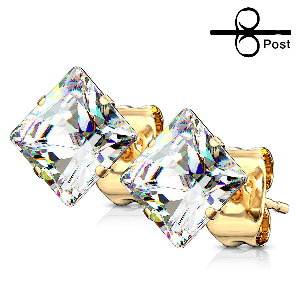 Prong Set Square CZ Surgical Steel Stud Earrings