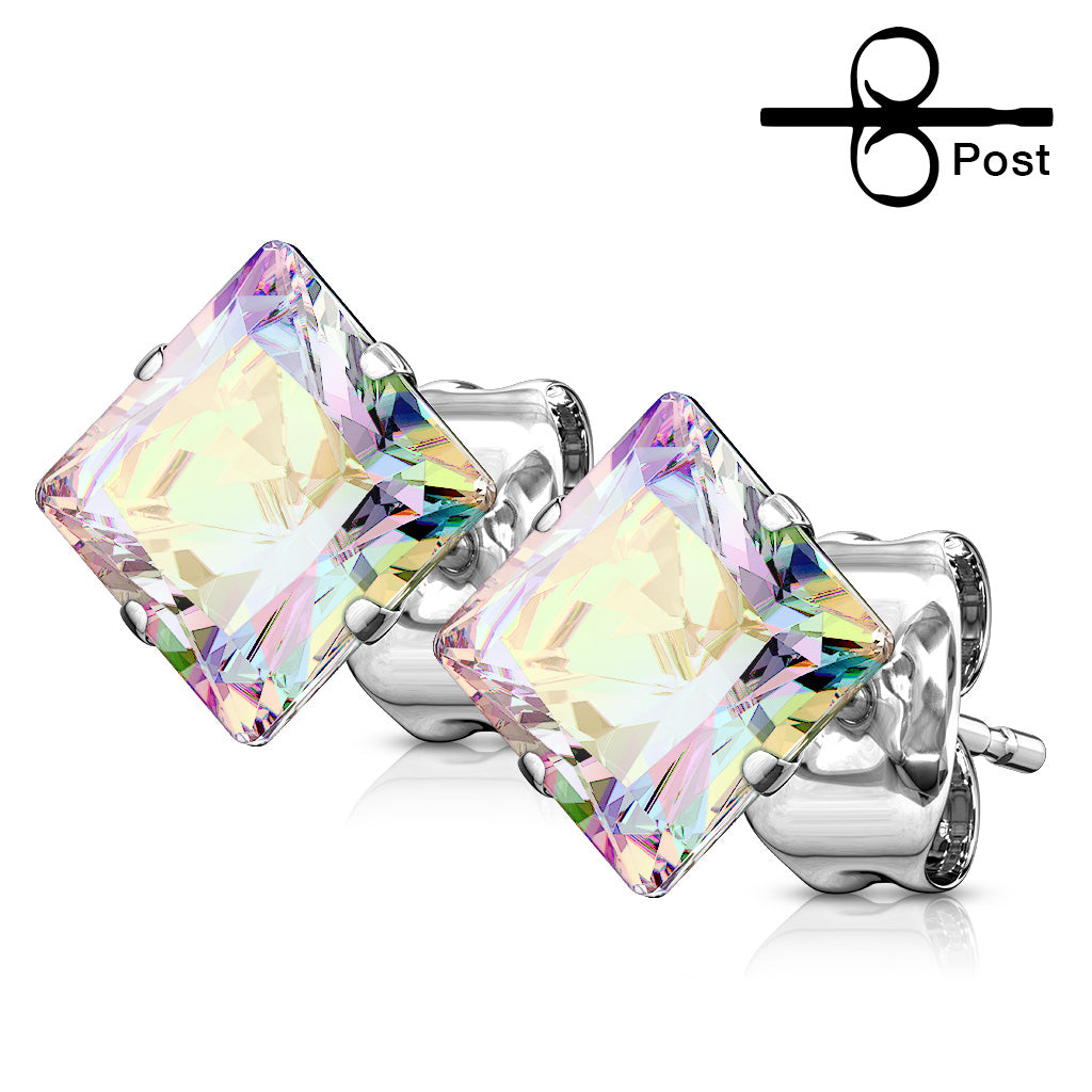 Prong Set Square CZ Surgical Steel Stud Earrings