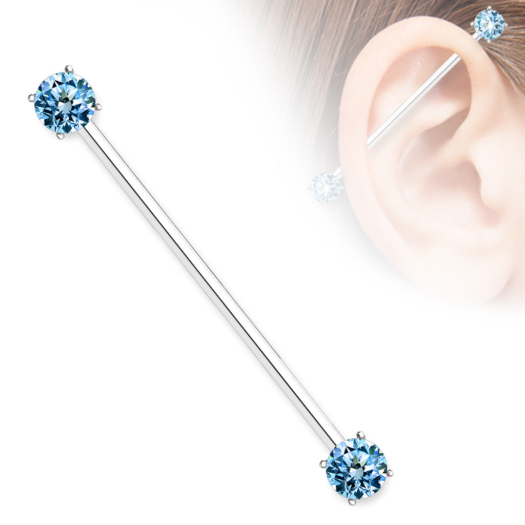 Round CZ Prong Set Industrial Barbell