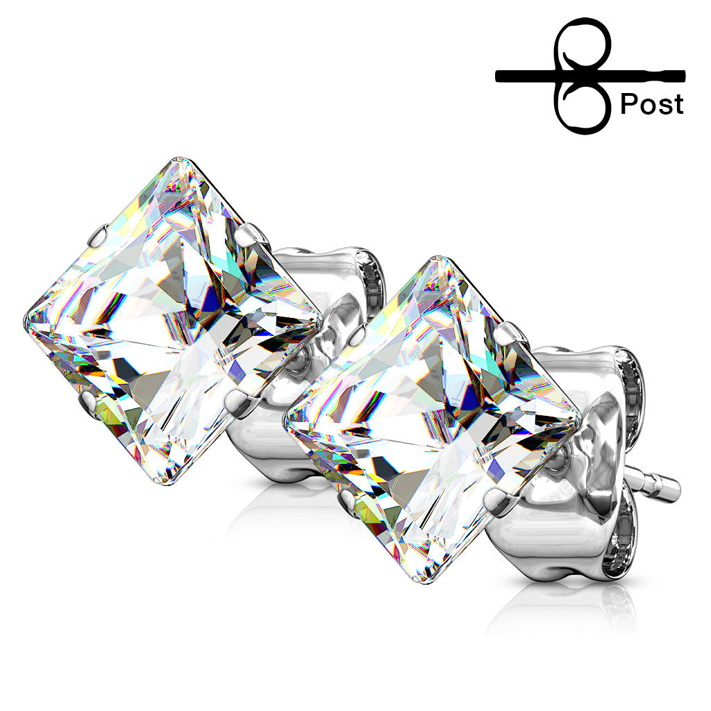 Prong Set Square CZ Surgical Steel Stud Earrings