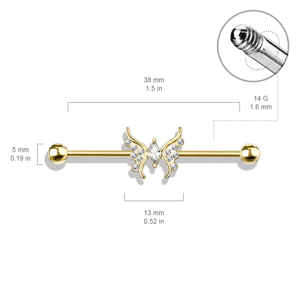 Marquise Crystal Center Crystal Paved Butterfly 316L Surgical Steel Industrial Barbell