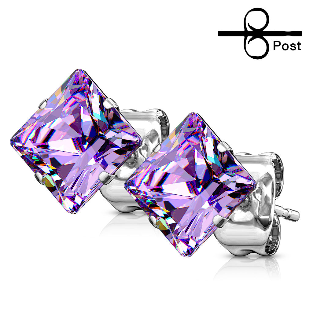 Prong Set Square CZ Surgical Steel Stud Earrings
