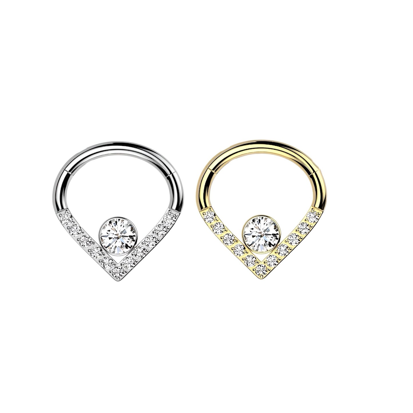 Implant Grade Titanium Hinged Segment Hoop Ring With Pave CZ Single Line Chevron and CZ