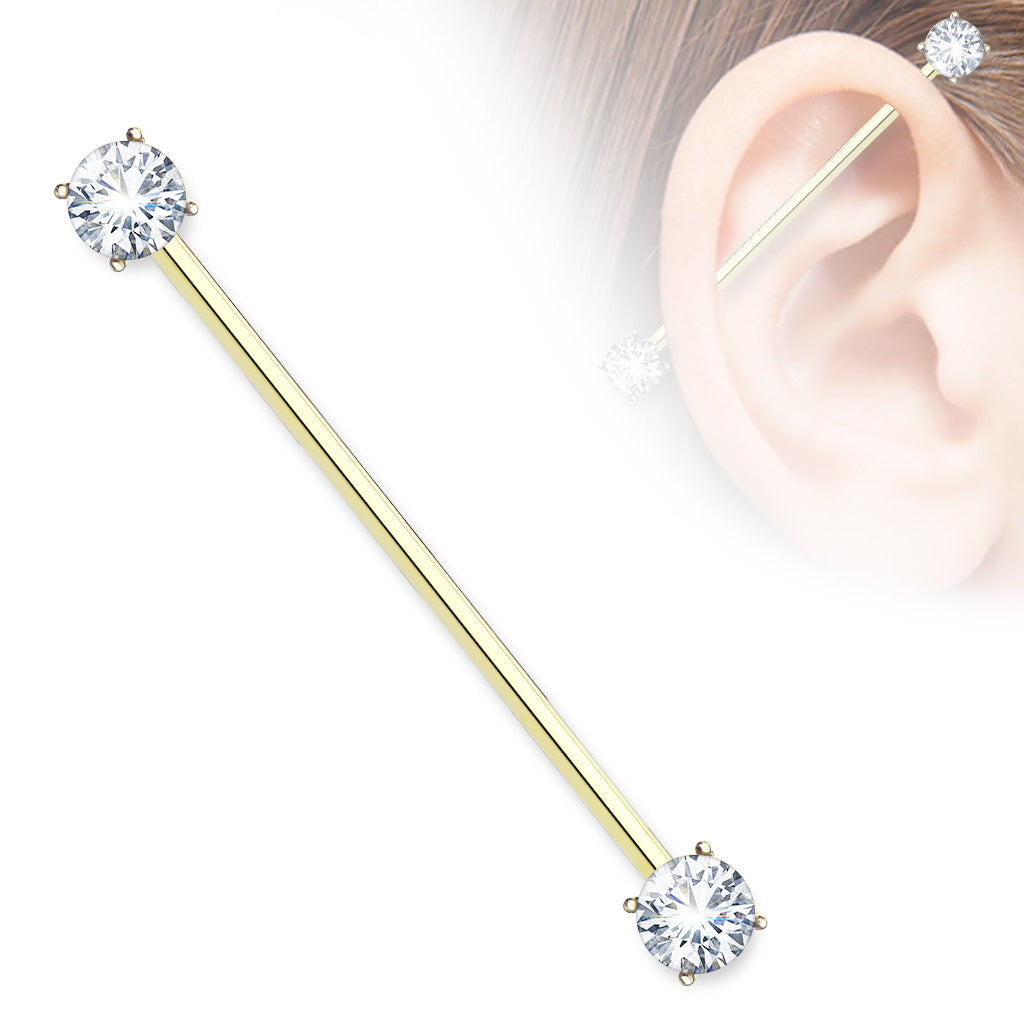 Round CZ Prong Set Industrial Barbell