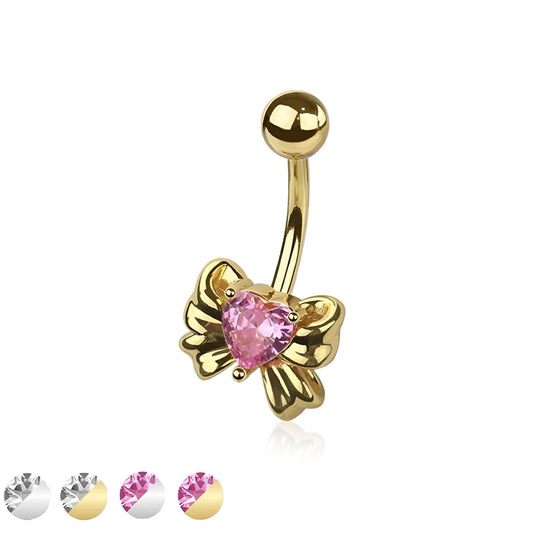 Cz Heart Ribbon Belly Bar