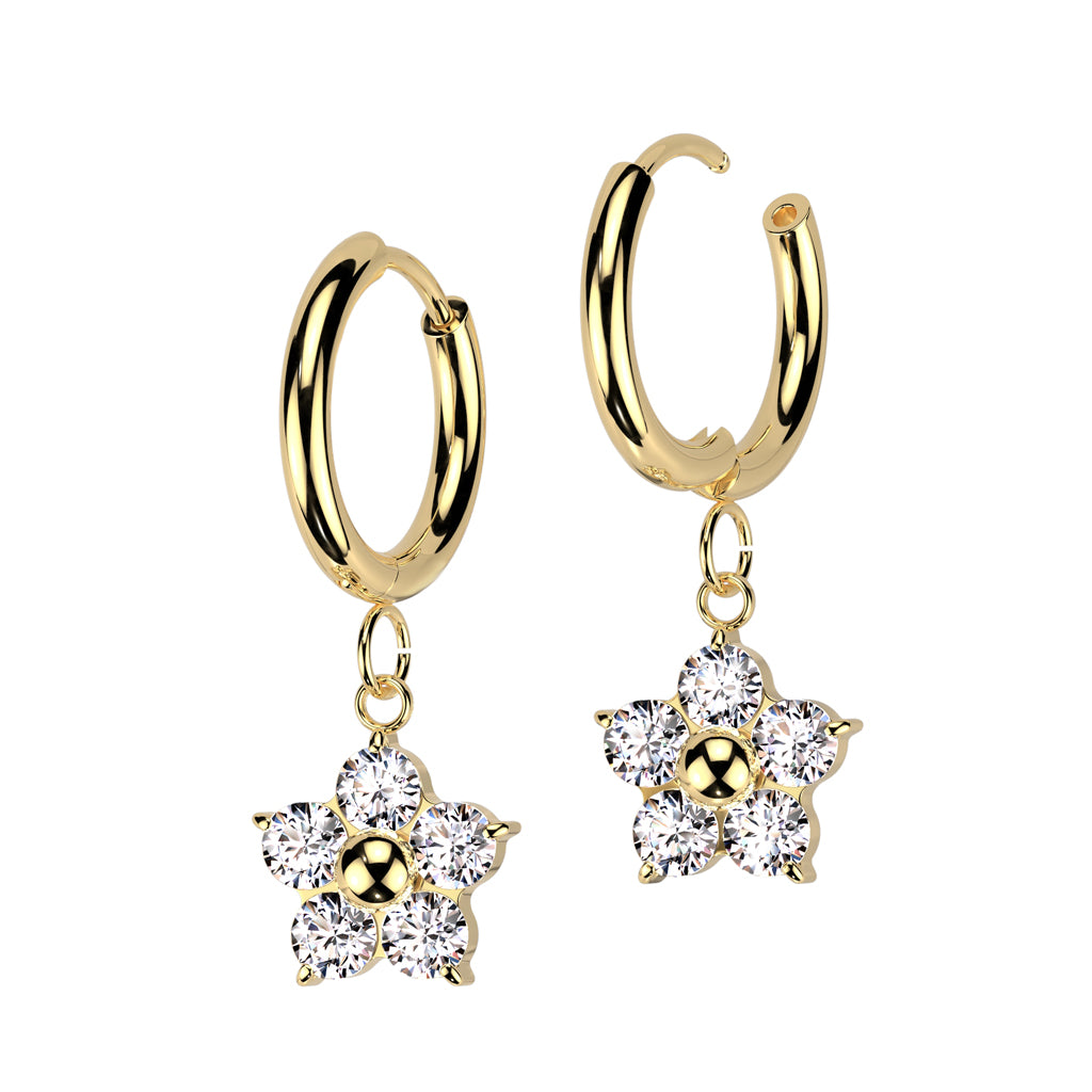 Pair of 316L Stainless Steel Hinged Hoop Earrings With CZ Flower Dangle