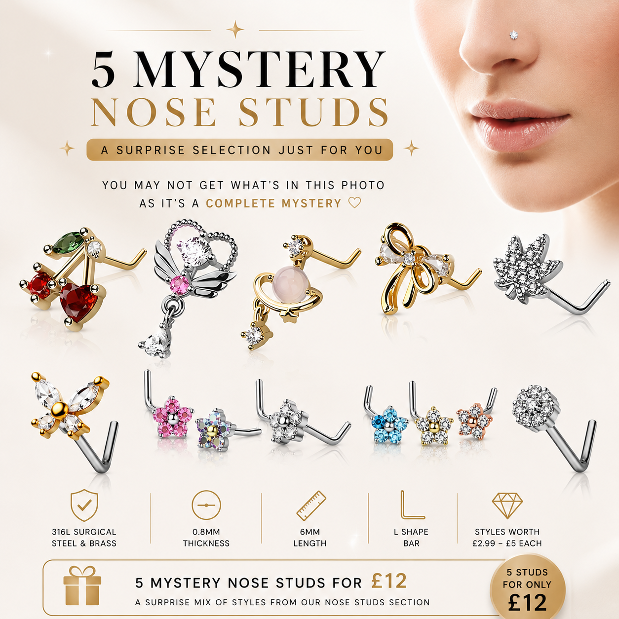 5 For £12 Nose Studs
