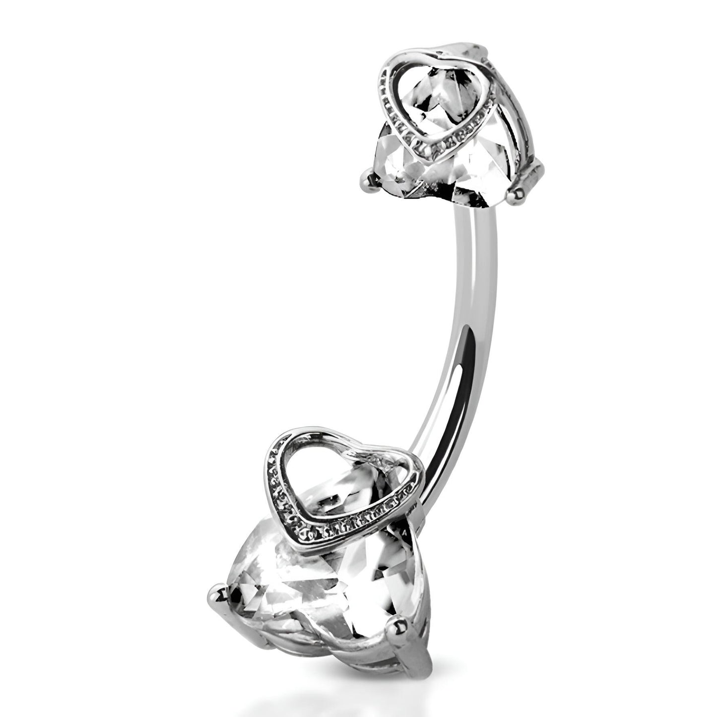 Double Clear Cz Royal Heart Prong Set Belly Bar