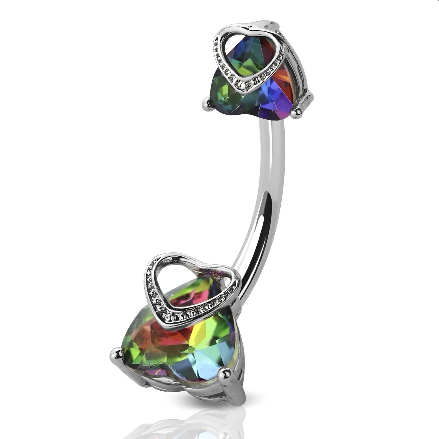 Double Clear Cz Royal Heart Prong Set Belly Bar