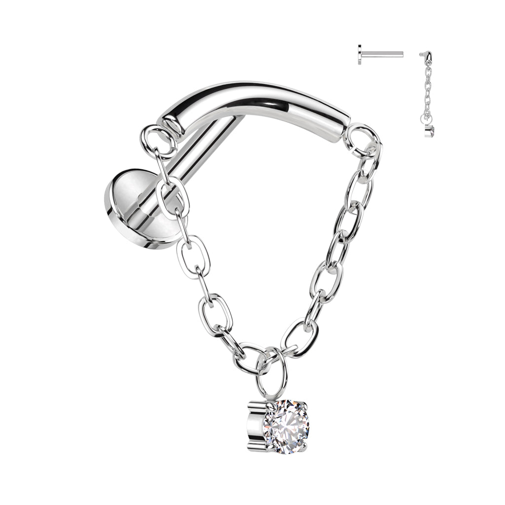 Implant Grade Titanium Internally Threaded Labret With Chain Linked Curved Bar and CZ Dangle Top