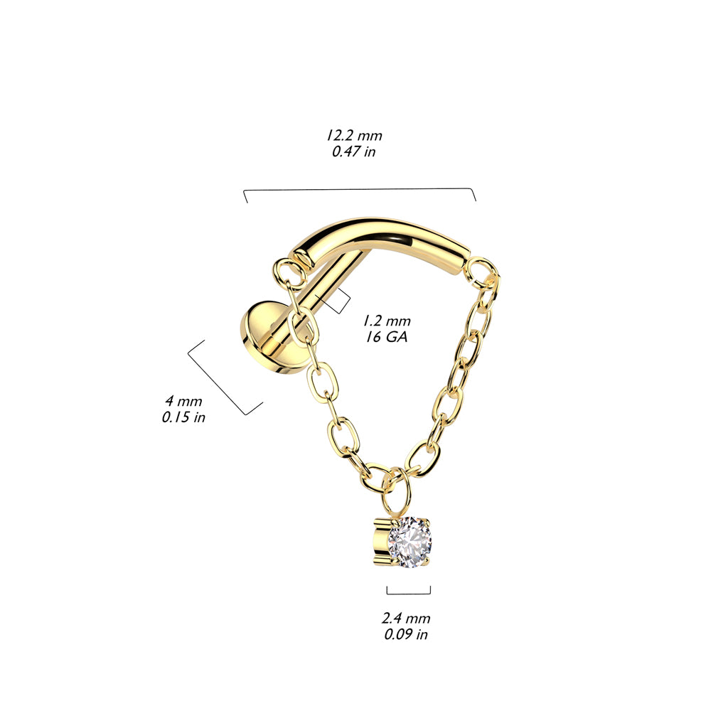 Implant Grade Titanium Internally Threaded Labret With Chain Linked Curved Bar and CZ Dangle Top