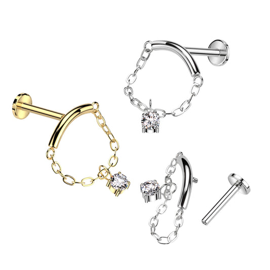 Implant Grade Titanium Internally Threaded Labret With Chain Linked Curved Bar and CZ Dangle Top