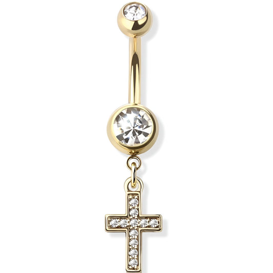 Simple Gem Cross Belly Bar