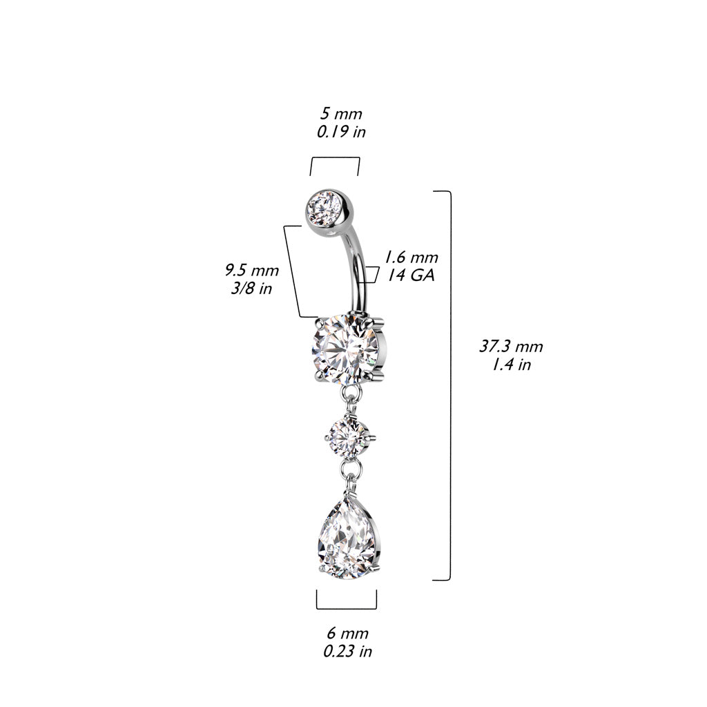 Tear Drop CZ Dangle 316L Surgical Steel Belly Bar