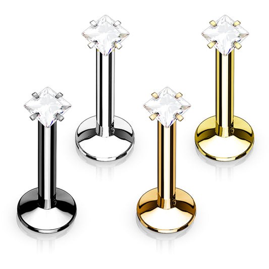 Sqaure CZ Prong Set Internally Threadedd Labret