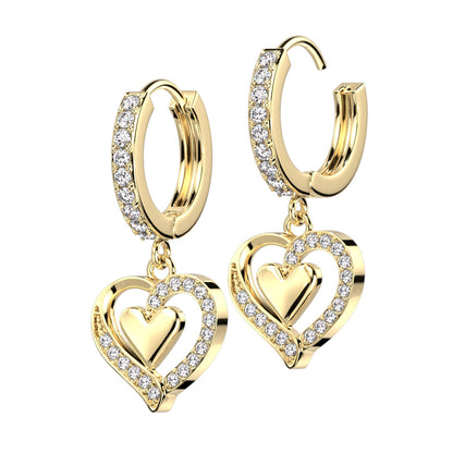 Pair of CZ Paved Front With CZ Paved Heart Dangle Hoop Earrings