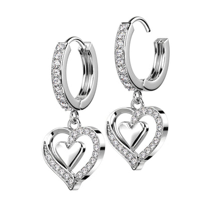 Pair of CZ Paved Front With CZ Paved Heart Dangle Hoop Earrings