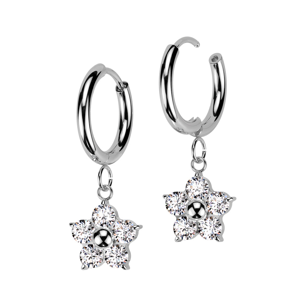 Pair of 316L Stainless Steel Hinged Hoop Earrings With CZ Flower Dangle
