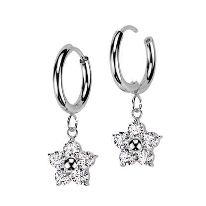 Pair of 316L Stainless Steel Hinged Hoop Earrings With CZ Flower Dangle