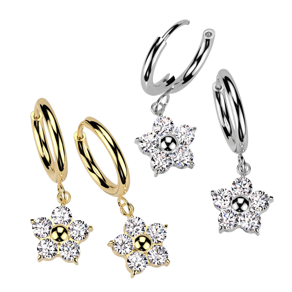 Pair of 316L Stainless Steel Hinged Hoop Earrings With CZ Flower Dangle