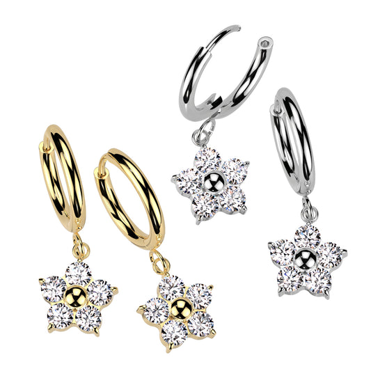 Pair of 316L Stainless Steel Hinged Hoop Earrings With CZ Flower Dangle