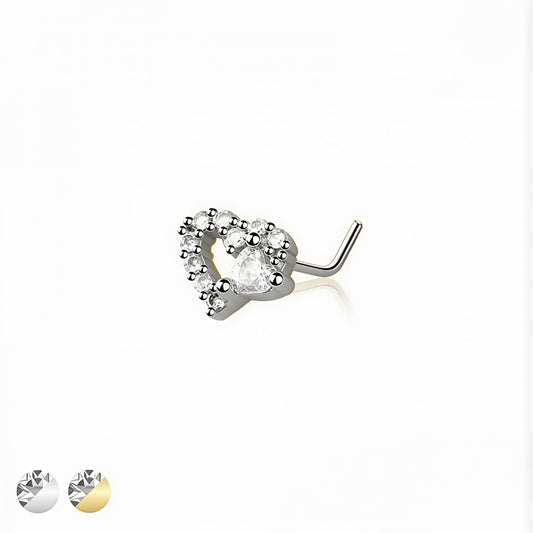 Multi CZ Big & Small Heart L-Shape Nose Stud