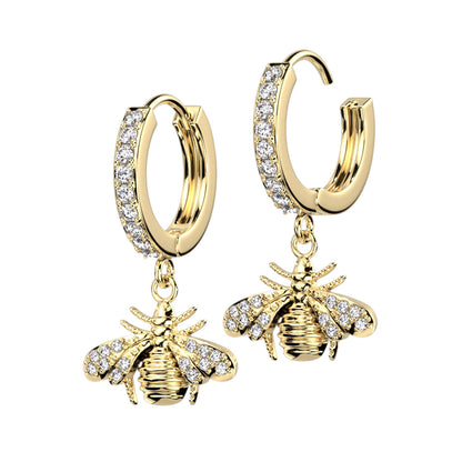 Pair of CZ Paved Front With CZ Paved Bee Dangle Hoop Earrings