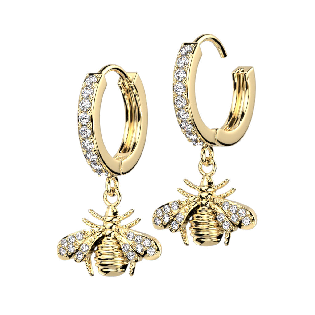 Pair of CZ Paved Front With CZ Paved Bee Dangle Hoop Earrings