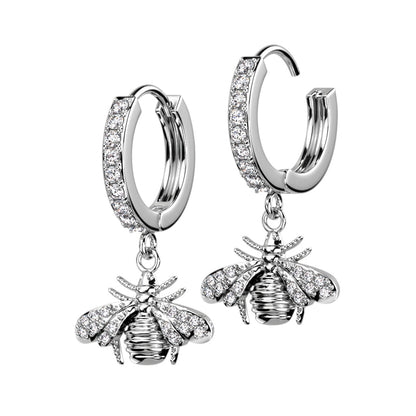 Pair of CZ Paved Front With CZ Paved Bee Dangle Hoop Earrings