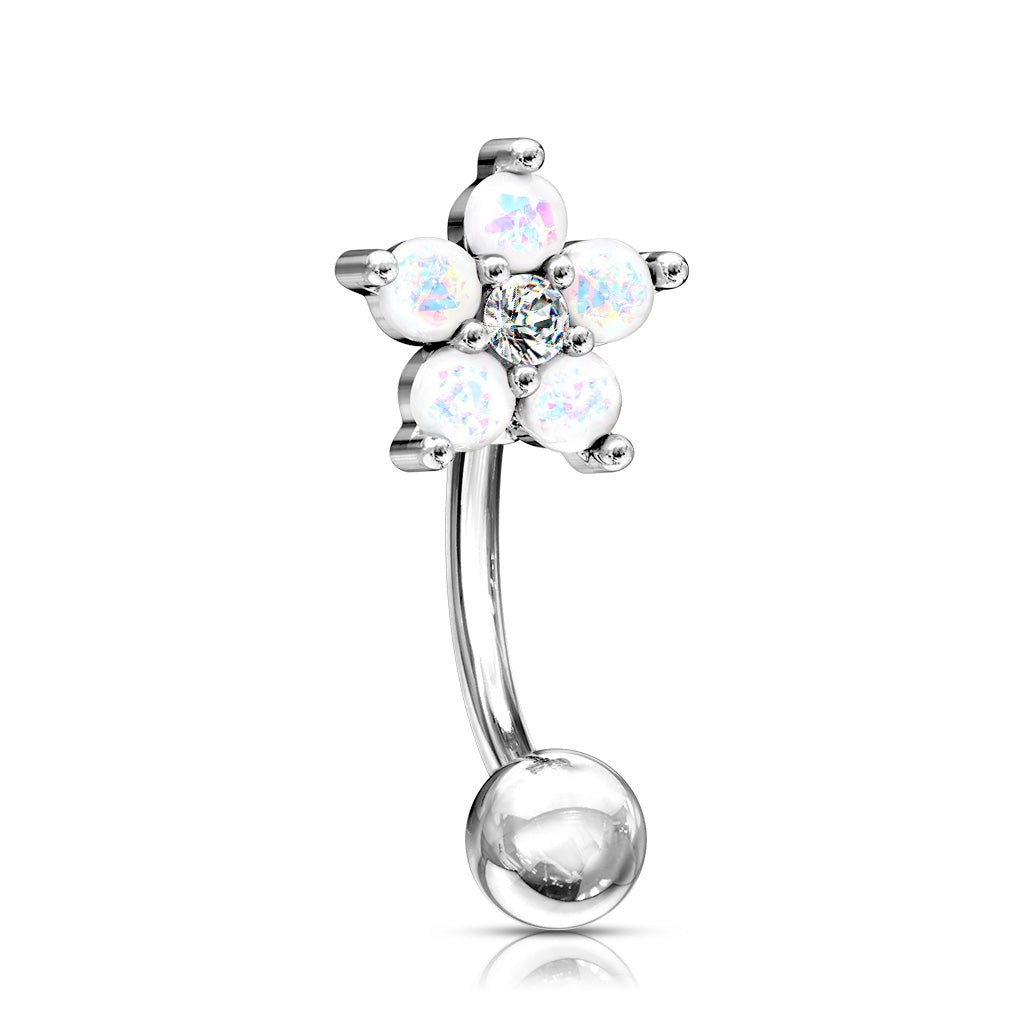 CZ Center Opal Glitter Flower 316L Surgical Steel Curved Barbells