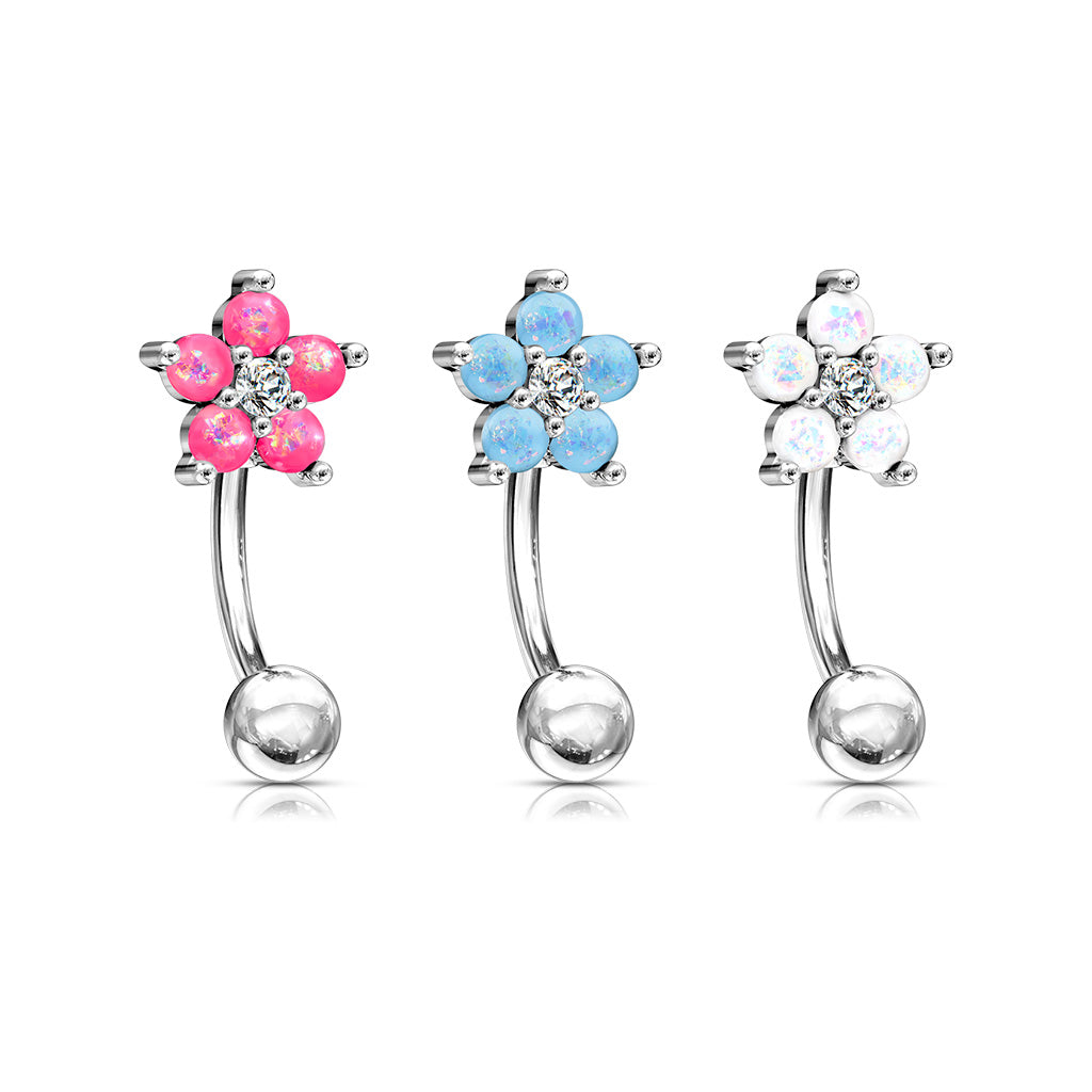 CZ Center Opal Glitter Flower 316L Surgical Steel Curved Barbells