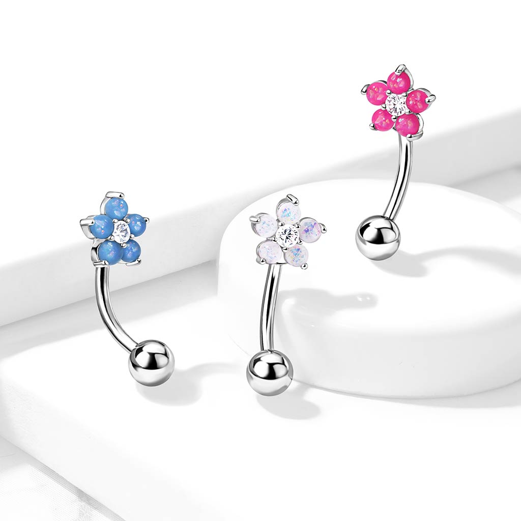 CZ Center Opal Glitter Flower 316L Surgical Steel Curved Barbells