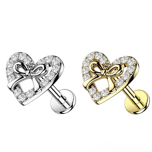 CZ Paved Heart With Ribbon Center Top on Internally Threaded