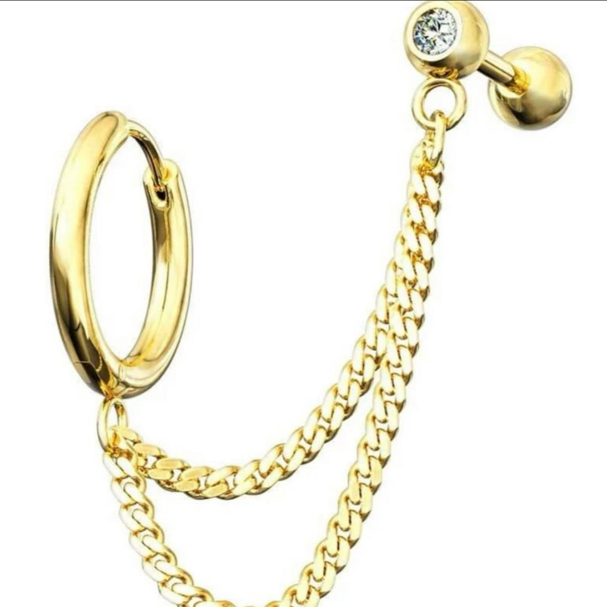 Double Chain Linked Round Clicker Hoop Earring and Crystal Set Cartilage Barbell