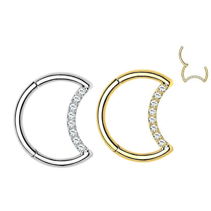 Implant Grade Titanium Hinged Segment Hoop Ring With Pave CZ Crescent Moon