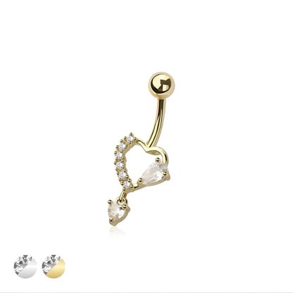 Multi Cz Heart With Heart Dangle Belly Bar