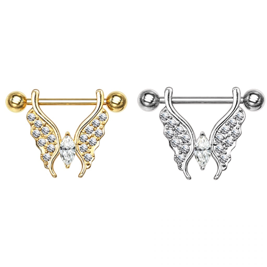 Marquise Crystal Center Crystal Paved Butterfly 316L Surgical Steel Barbell Nipple Rings