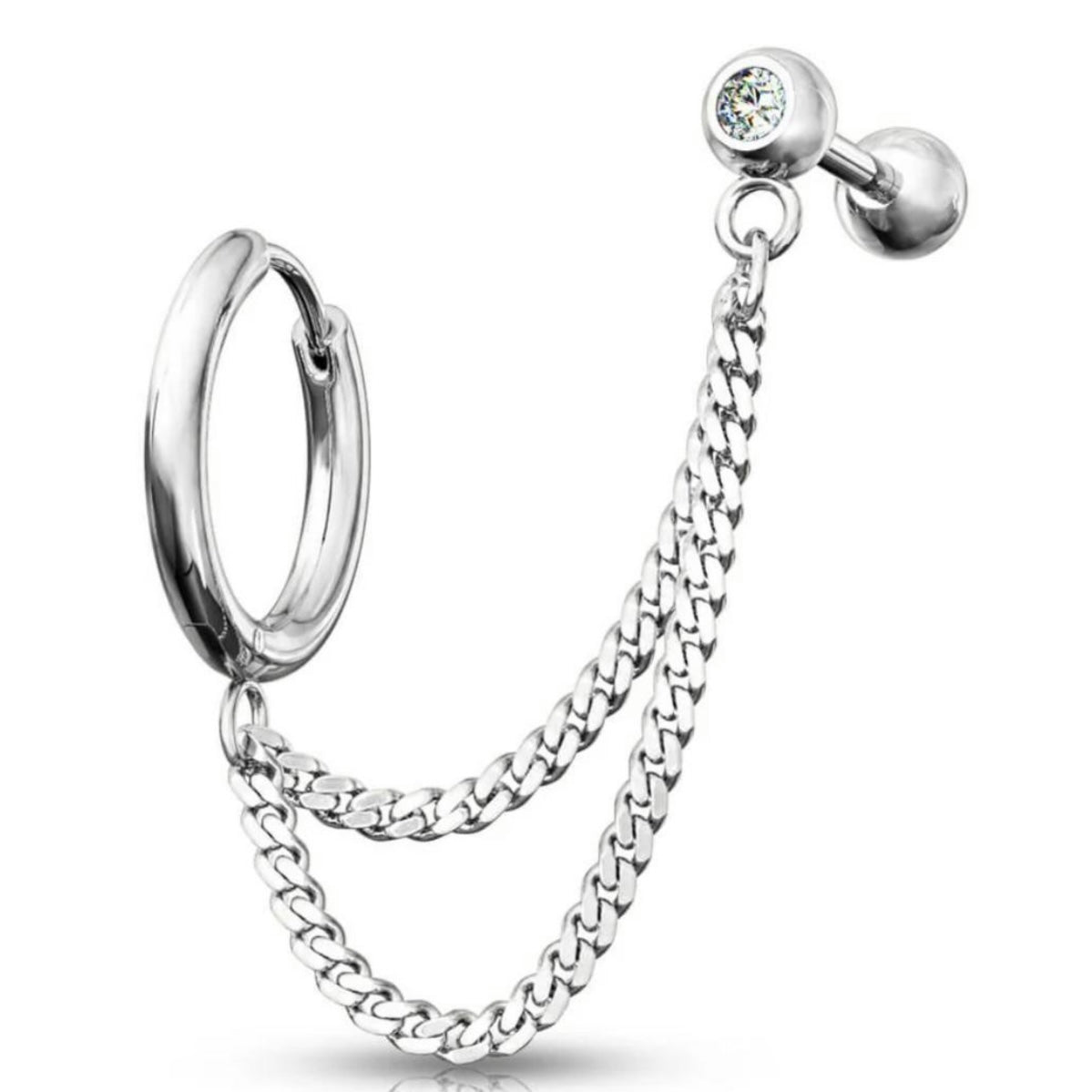 Double Chain Linked Round Clicker Hoop Earring and Crystal Set Cartilage Barbell