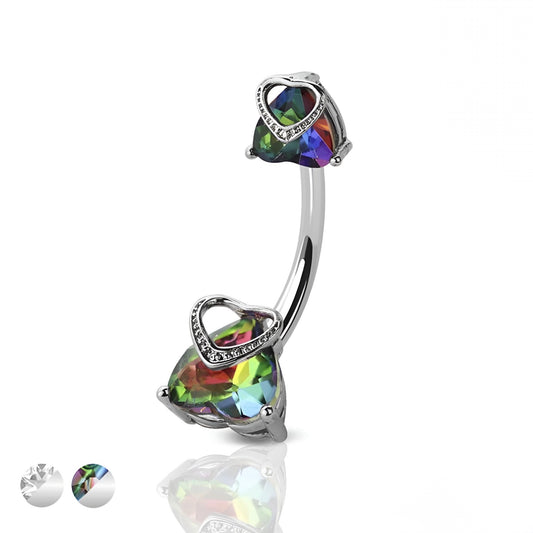 Double Clear Cz Royal Heart Prong Set Belly Bar