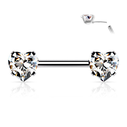 Threadless Push in Nipple Barbells with Prong Set Heart CZ End