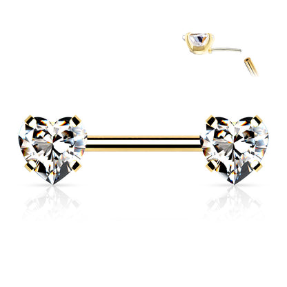 Threadless Push in Nipple Barbells with Prong Set Heart CZ End