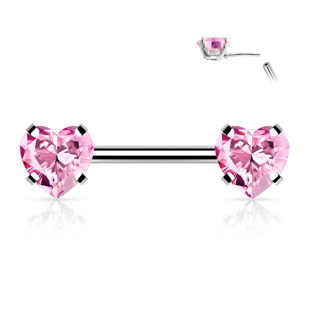 Threadless Push in Nipple Barbells with Prong Set Heart CZ End