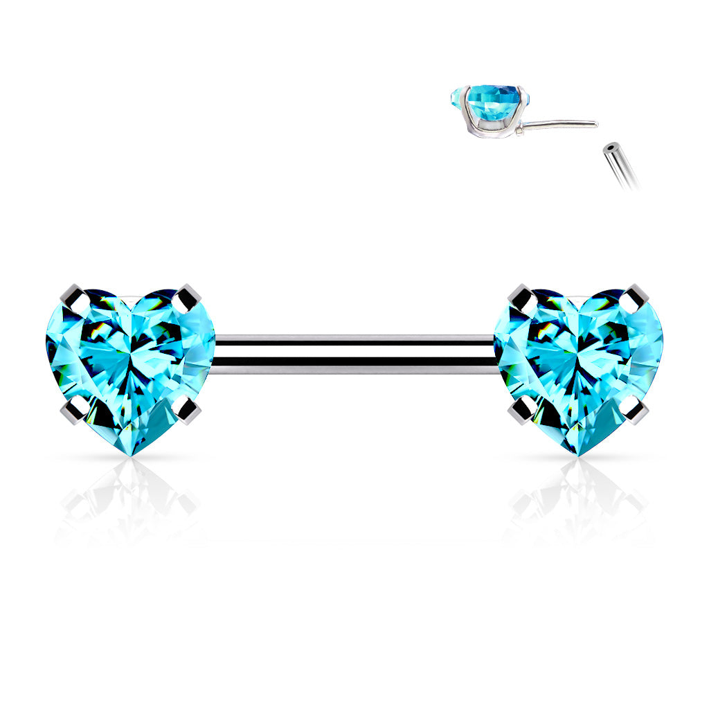 Threadless Push in Nipple Barbells with Prong Set Heart CZ End