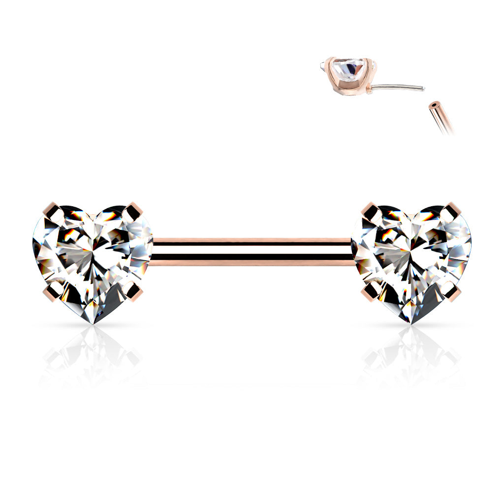 Threadless Push in Nipple Barbells with Prong Set Heart CZ End