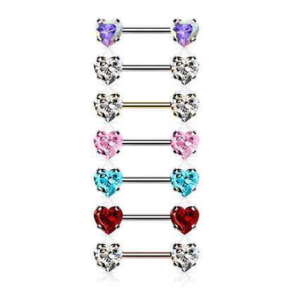 Threadless Push in Nipple Barbells with Prong Set Heart CZ End