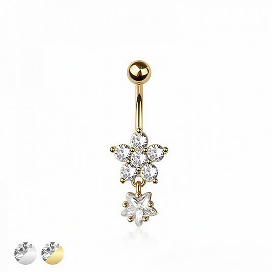 Flower Belly Bar – CZ 5 Petal Dangle