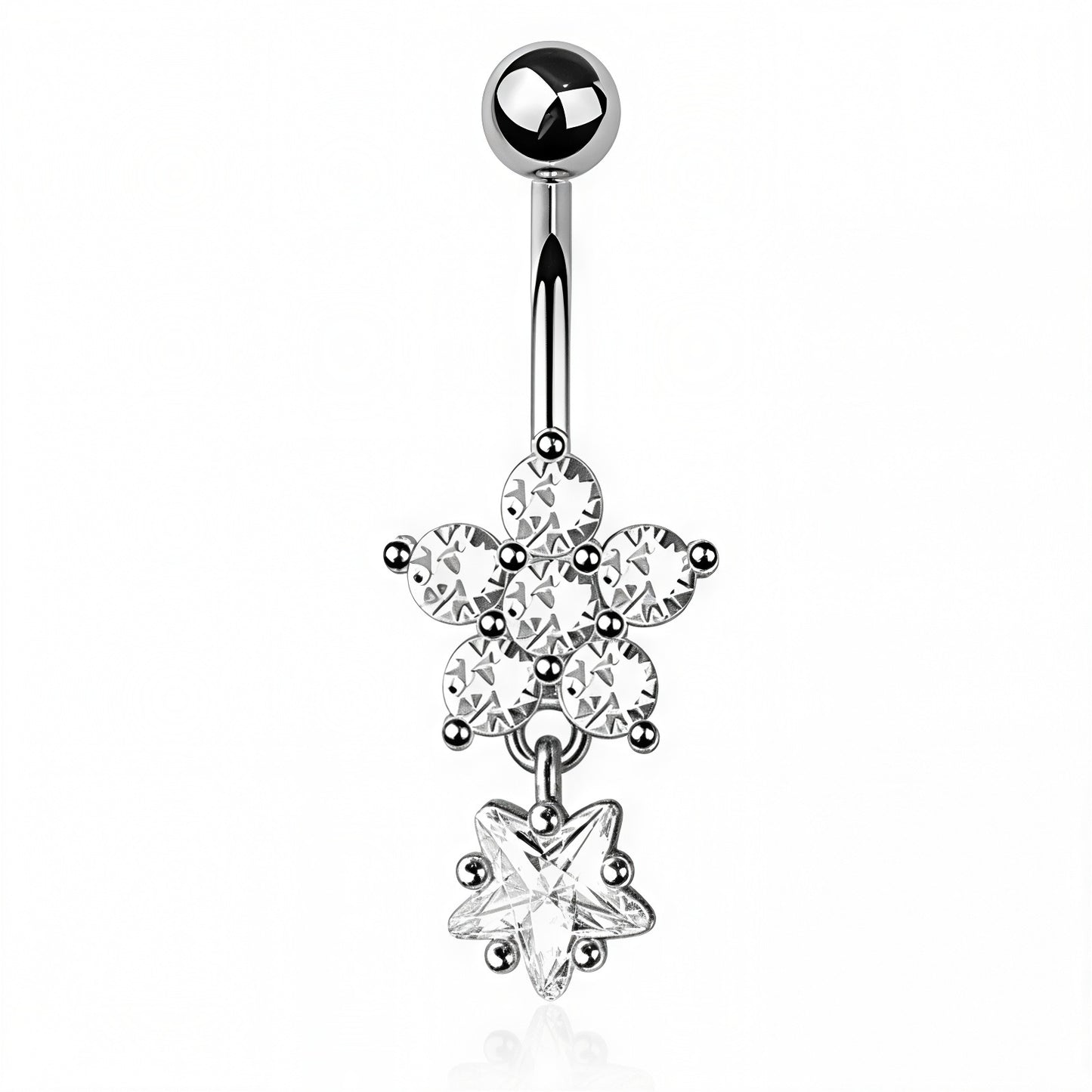 Flower Belly Bar – CZ 5 Petal Dangle